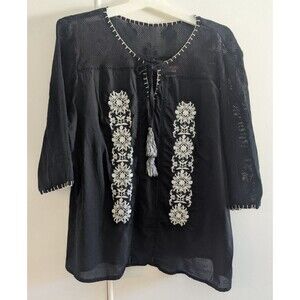 JACKPOT Womens Black White Embroidered Peasant Blouse Boho Top Sz XL cotton chic